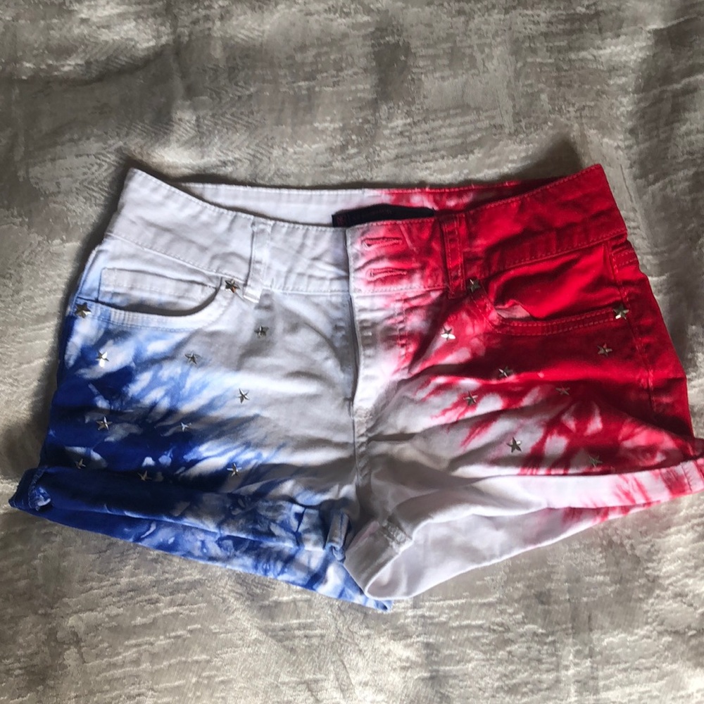 Red white and blue tie dye shorts